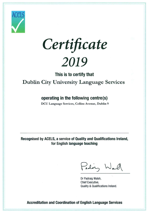 Dublin City University ACELS Certificate Accreditation 2019